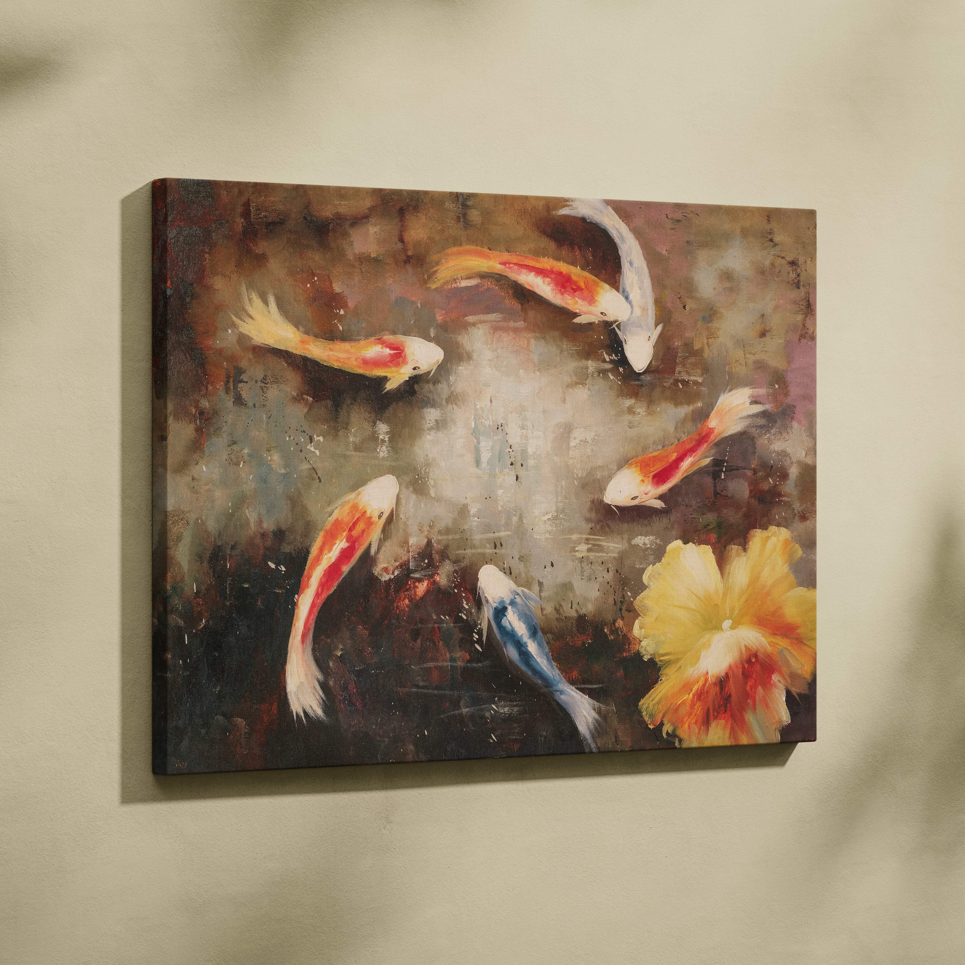 Rectangular canvas wall art featuring vibrant orange and white koi fish with a yellow flower on a textured background
