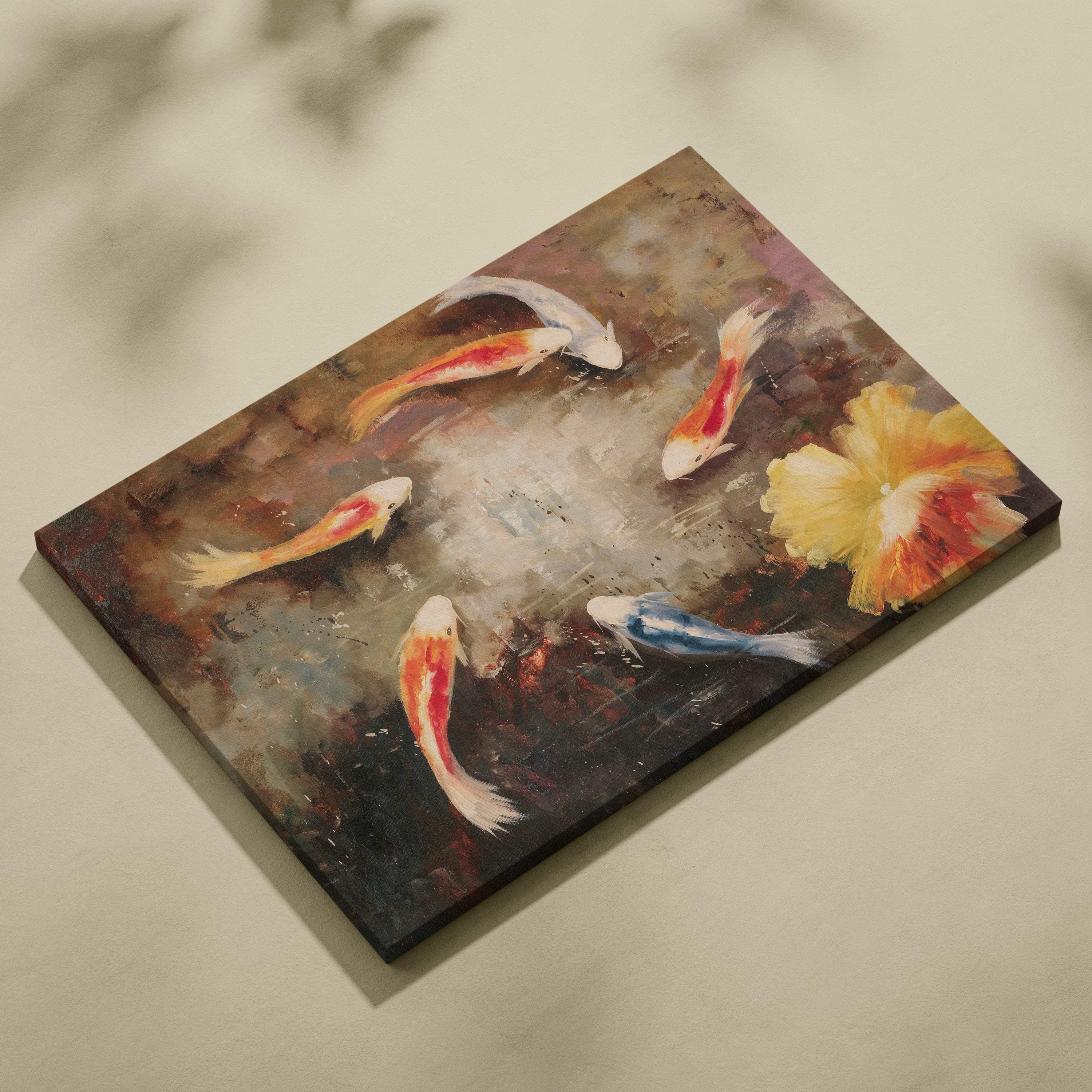Rectangular canvas wall art featuring a watercolor-style koi fish pond with orange white koi and vibrant yellow flower