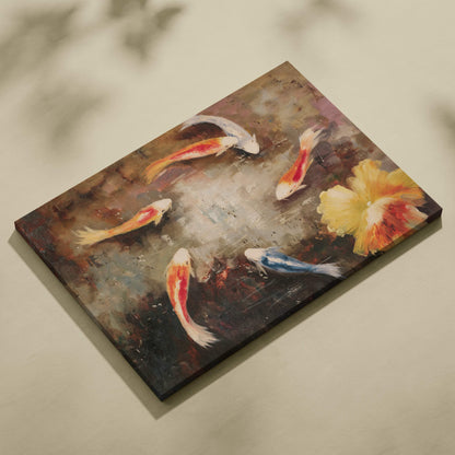Rectangular canvas wall art featuring a watercolor-style koi fish pond with orange white koi and vibrant yellow flower