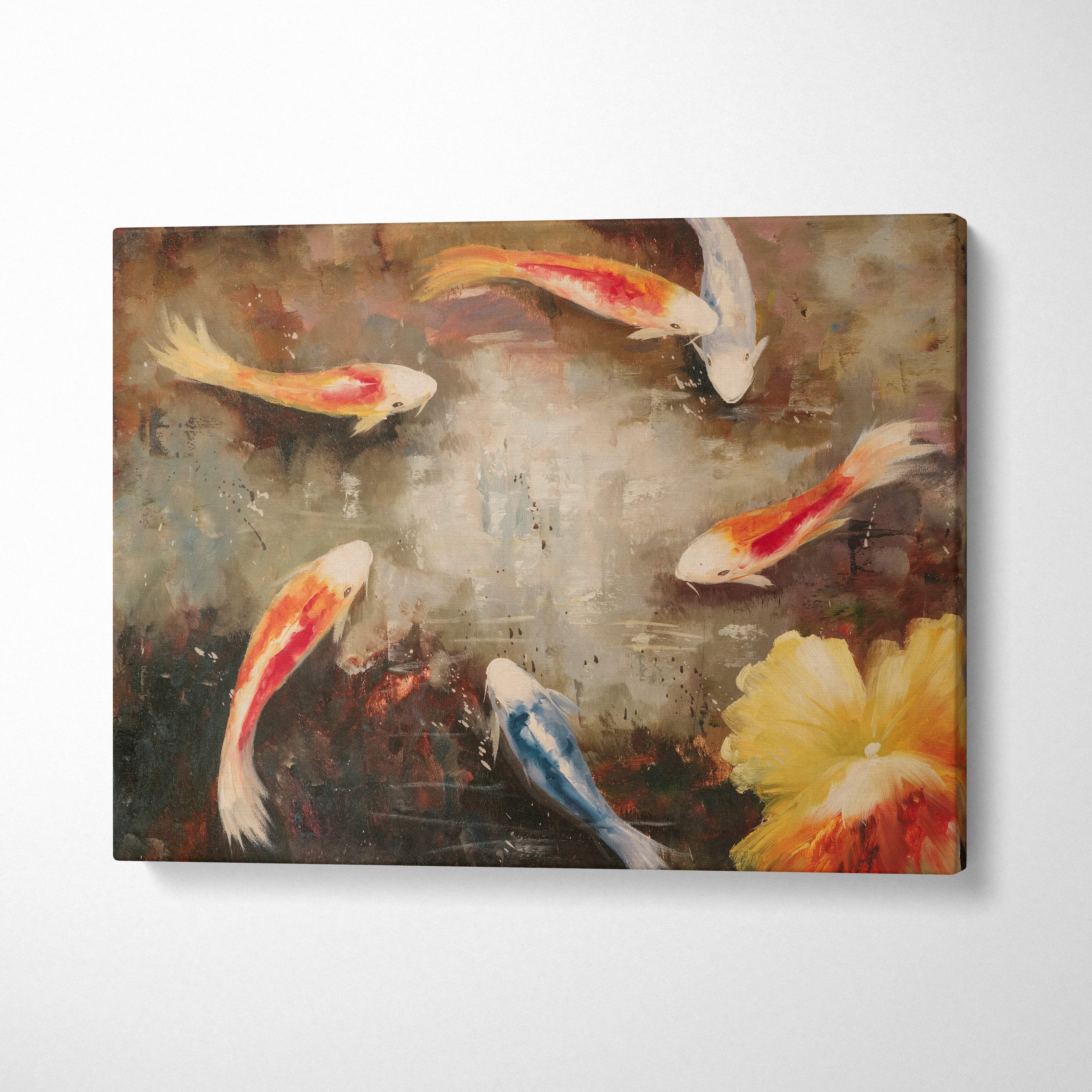 Elegant koi fish pond painting style wall art featuring orange white and blue koi with a yellow flower on watercolor canvas