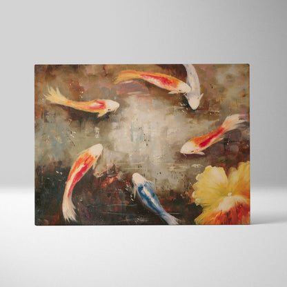 Rectangular watercolor style canvas wall art of orange white and blue koi fish swimming around a yellow flower