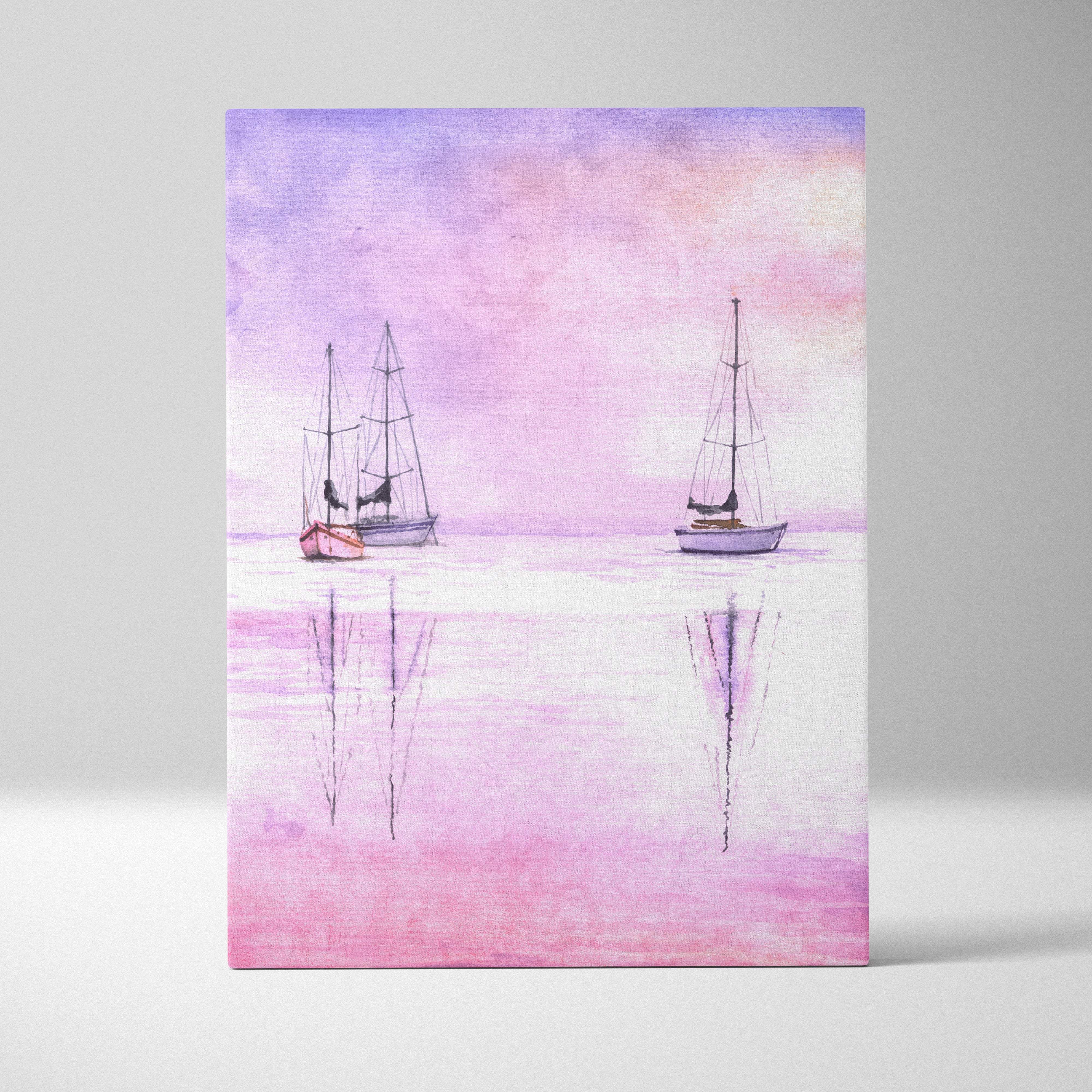 A soft watercolor canvas painting of two sailboats with pink and purple sky and reflections for coastal decor