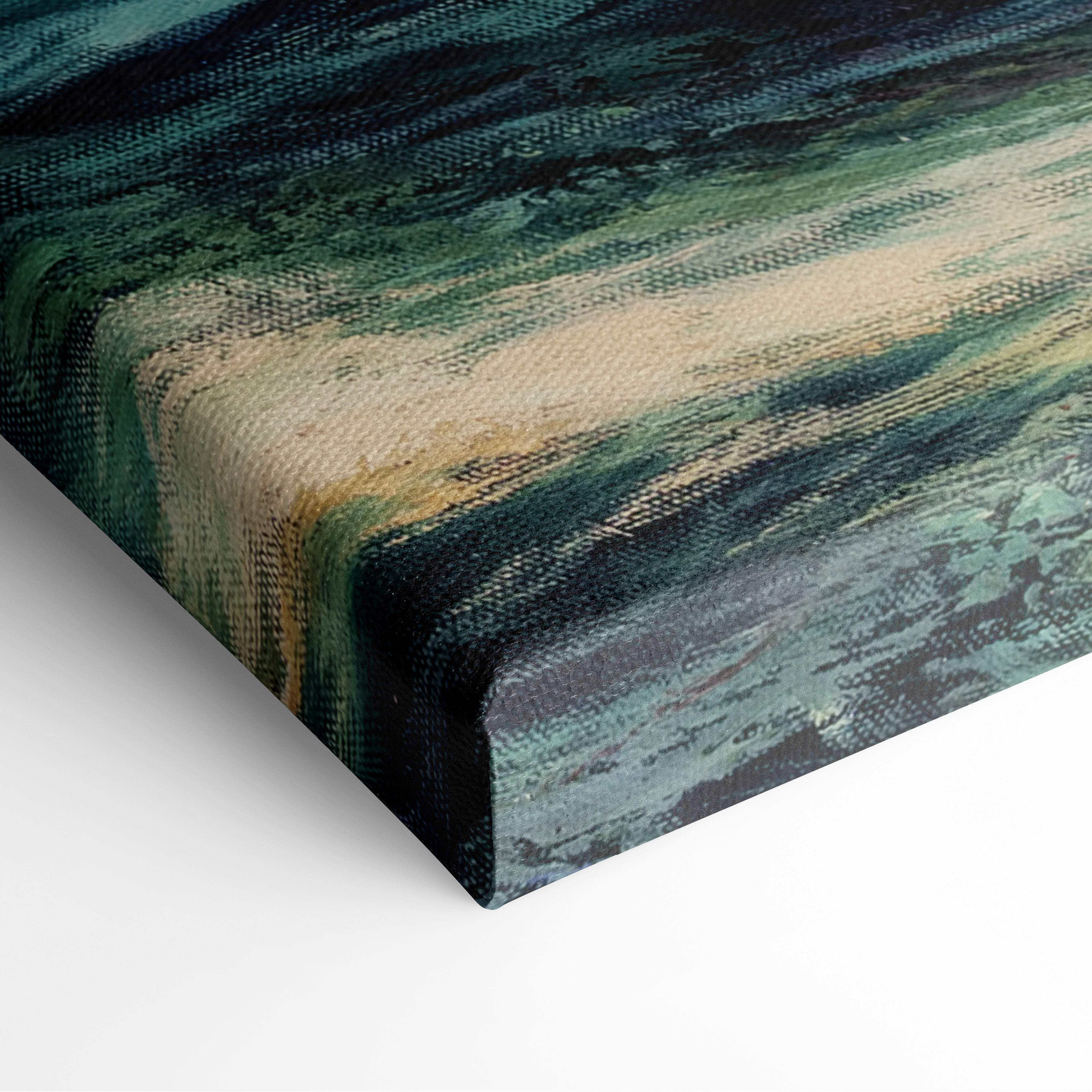 Majestic sailing ship canvas print with abstract brushstrokes in deep teal forest green and muted beige tones