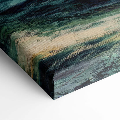 Majestic sailing ship canvas print with abstract brushstrokes in deep teal forest green and muted beige tones