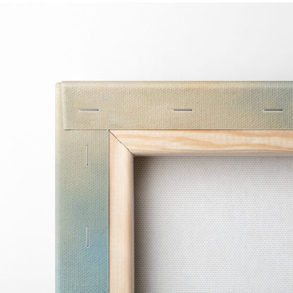 Minimalist wooden canvas frame with light beige textured fabric and green gradient accents for majestic sailing ship wall art