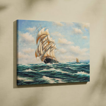 Canvas print of a majestic tall ship with cream sails on blue green ocean waves under a partly cloudy sky wall art