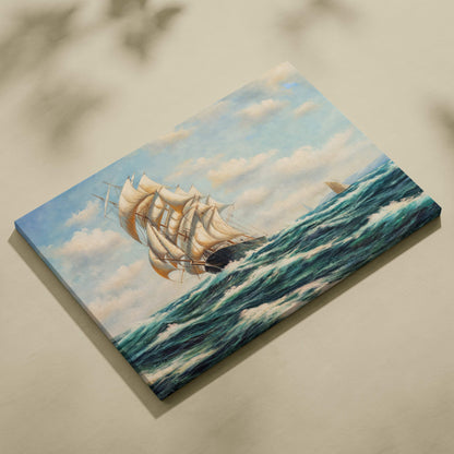Rectangular canvas painting of a classic tall ship with white sails sailing on teal and blue ocean waves under a cloudy sky