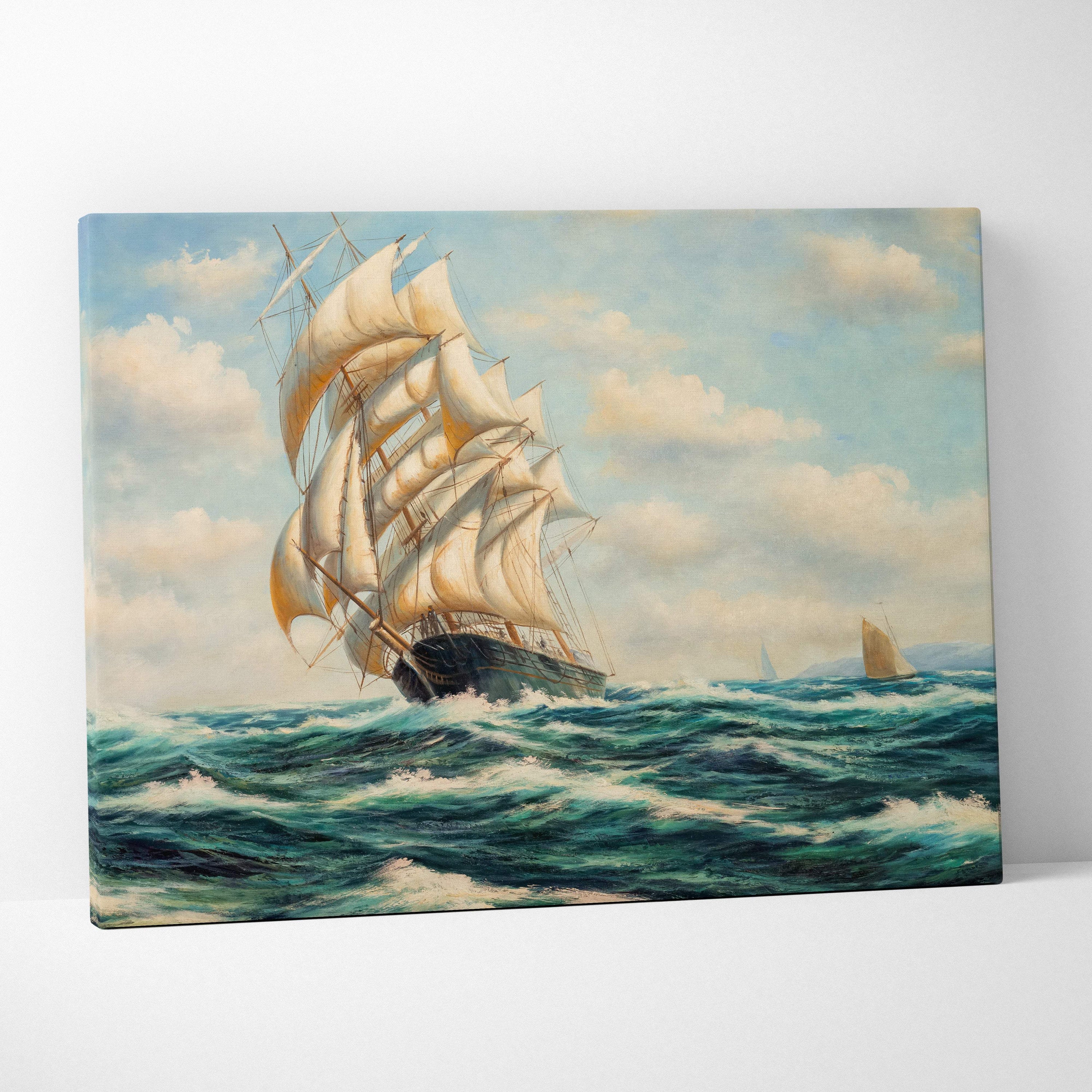 A canvas print of a classic tall sailing ship with white sails on blue-green waves under a partly cloudy sky