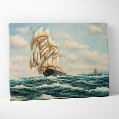 A canvas print of a classic tall sailing ship with white sails on blue-green waves under a partly cloudy sky