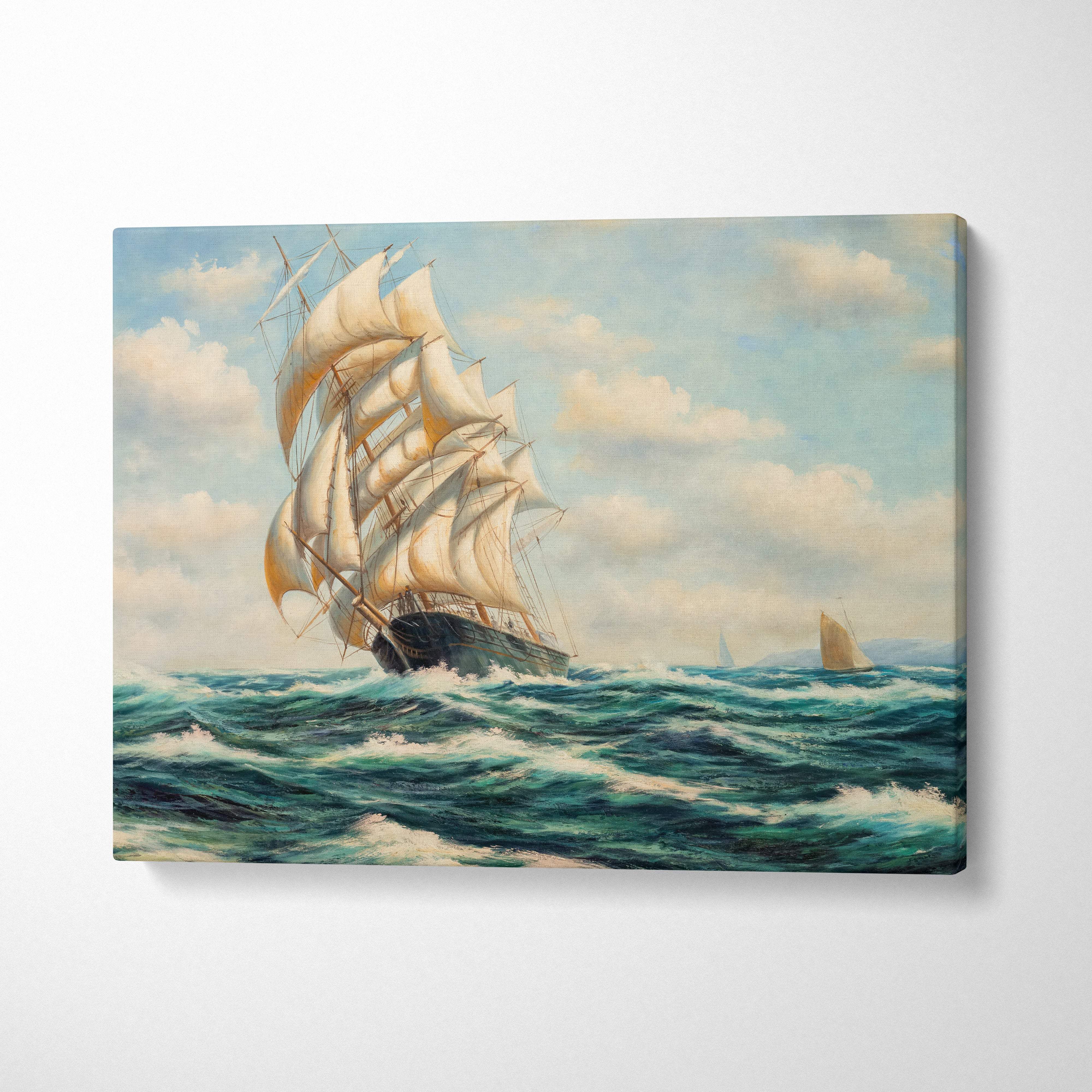 A canvas print of a classic tall ship with cream sails on blue-green ocean waves for sailing wall art decor