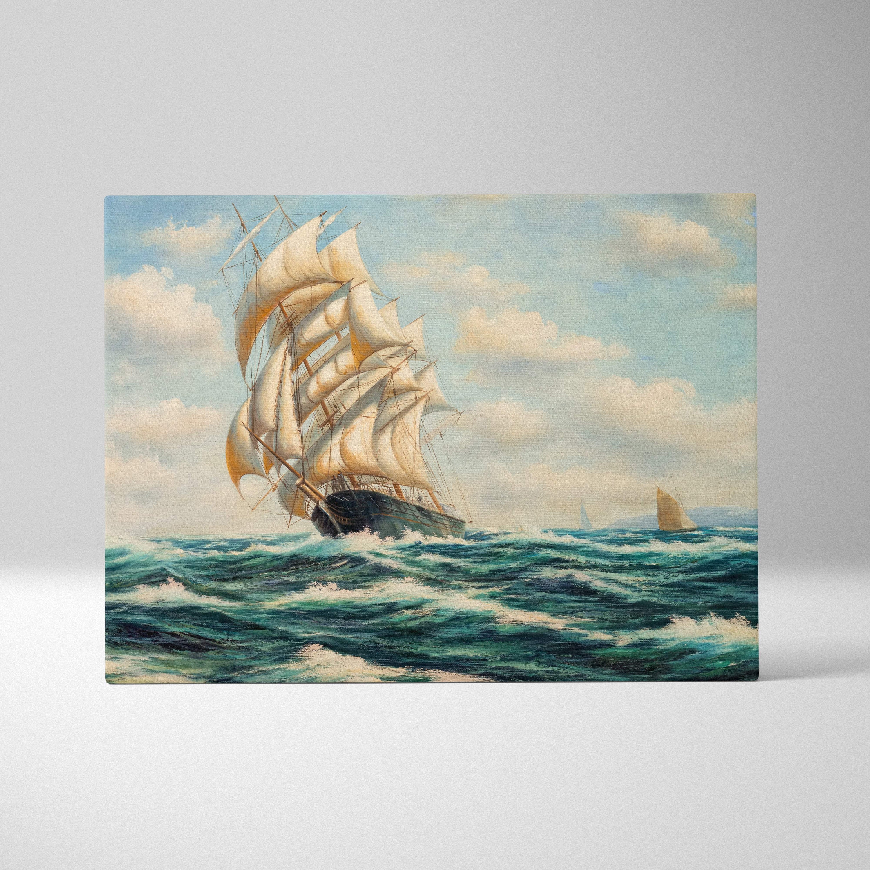 Majestic sailing ship canvas print with white sails on blue-green ocean waves under partly cloudy sky wall art