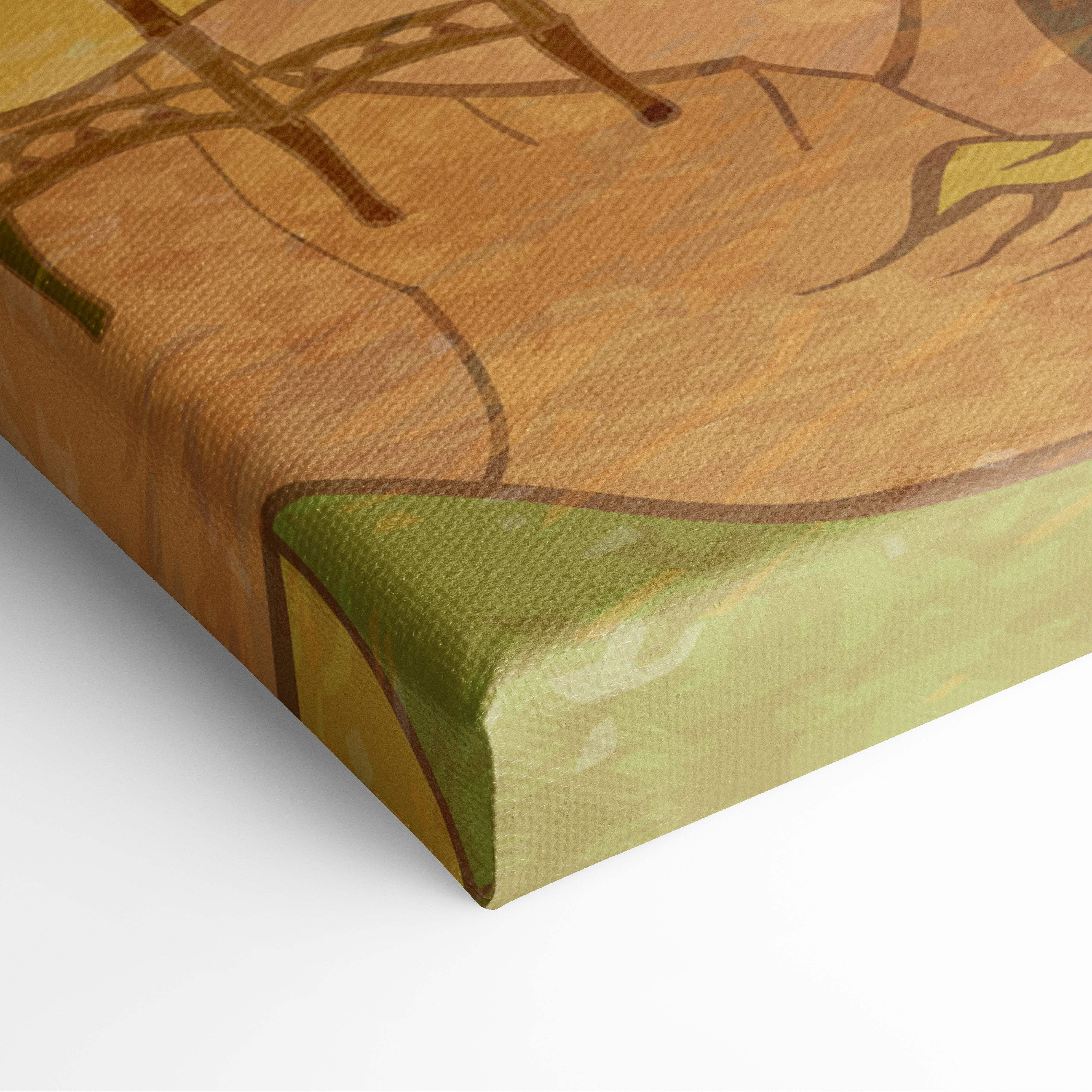 Vintage japanese gathering canvas wall art featuring earthy toned tree branches and leaves on textured fabric