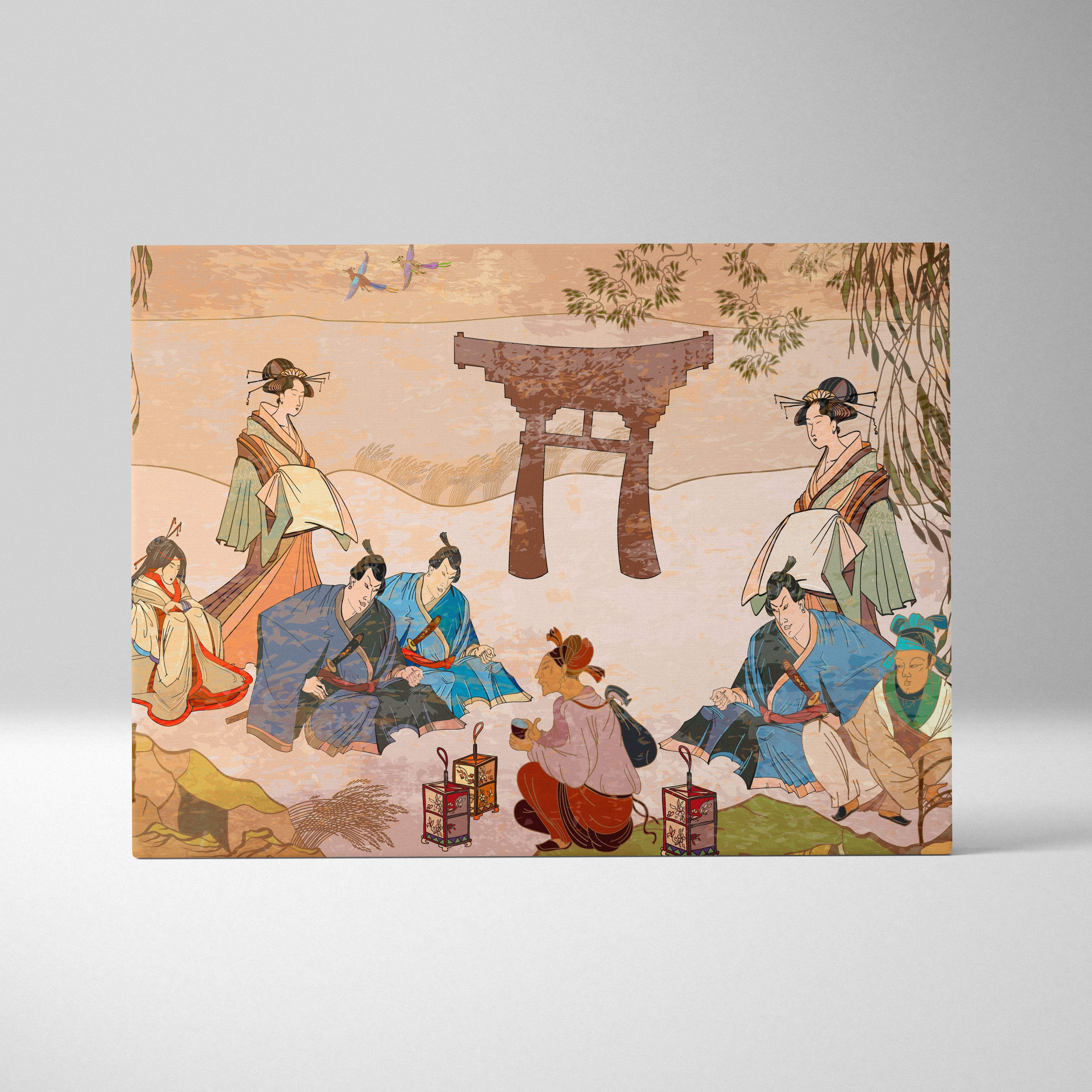 Rectangular canvas print of vintage japanese gathering with colorful robes and torii gate in soft gold ukiyo-e style design