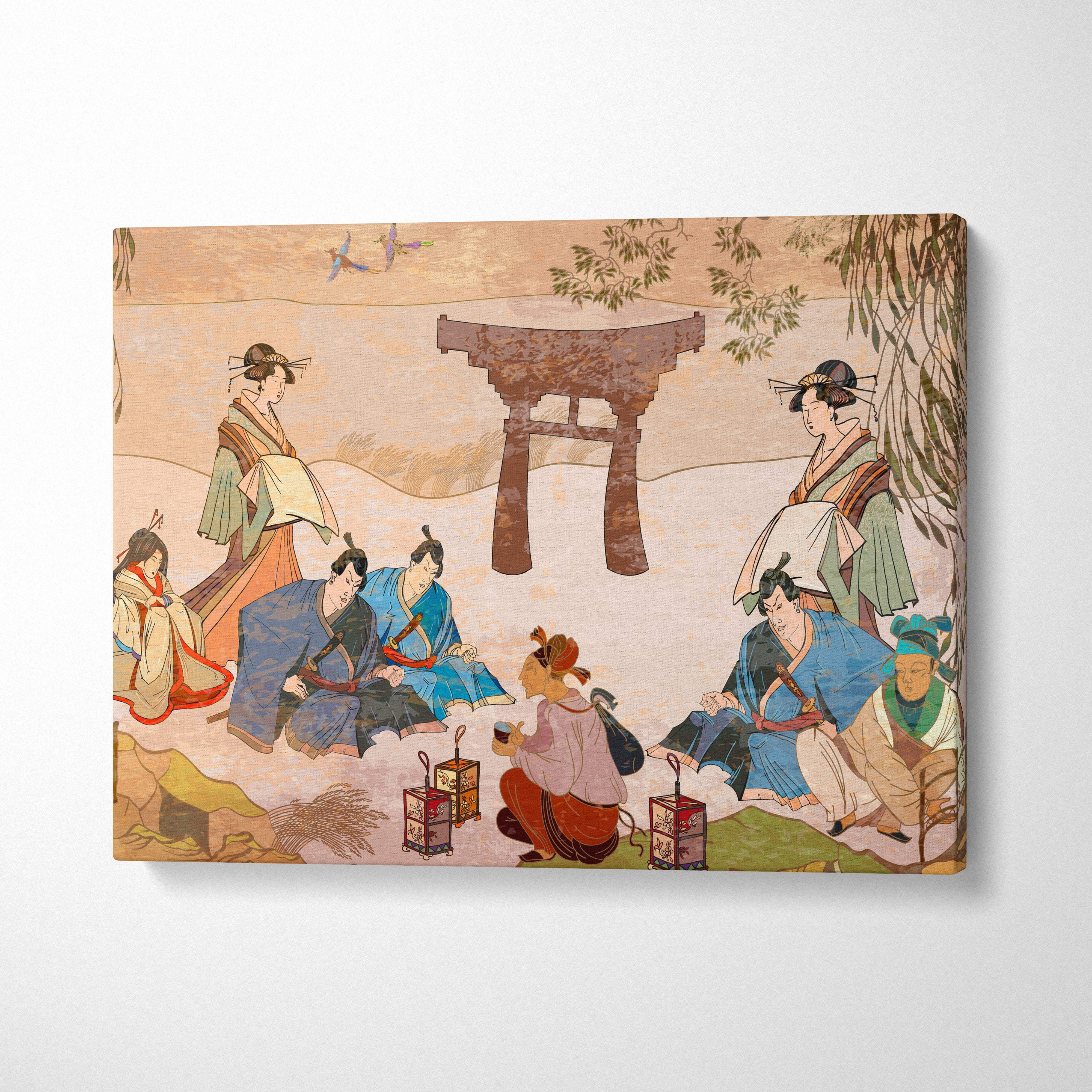Vintage japanese gathering canvas wall art with colorful kimonos and lanterns under a soft gold torii gate