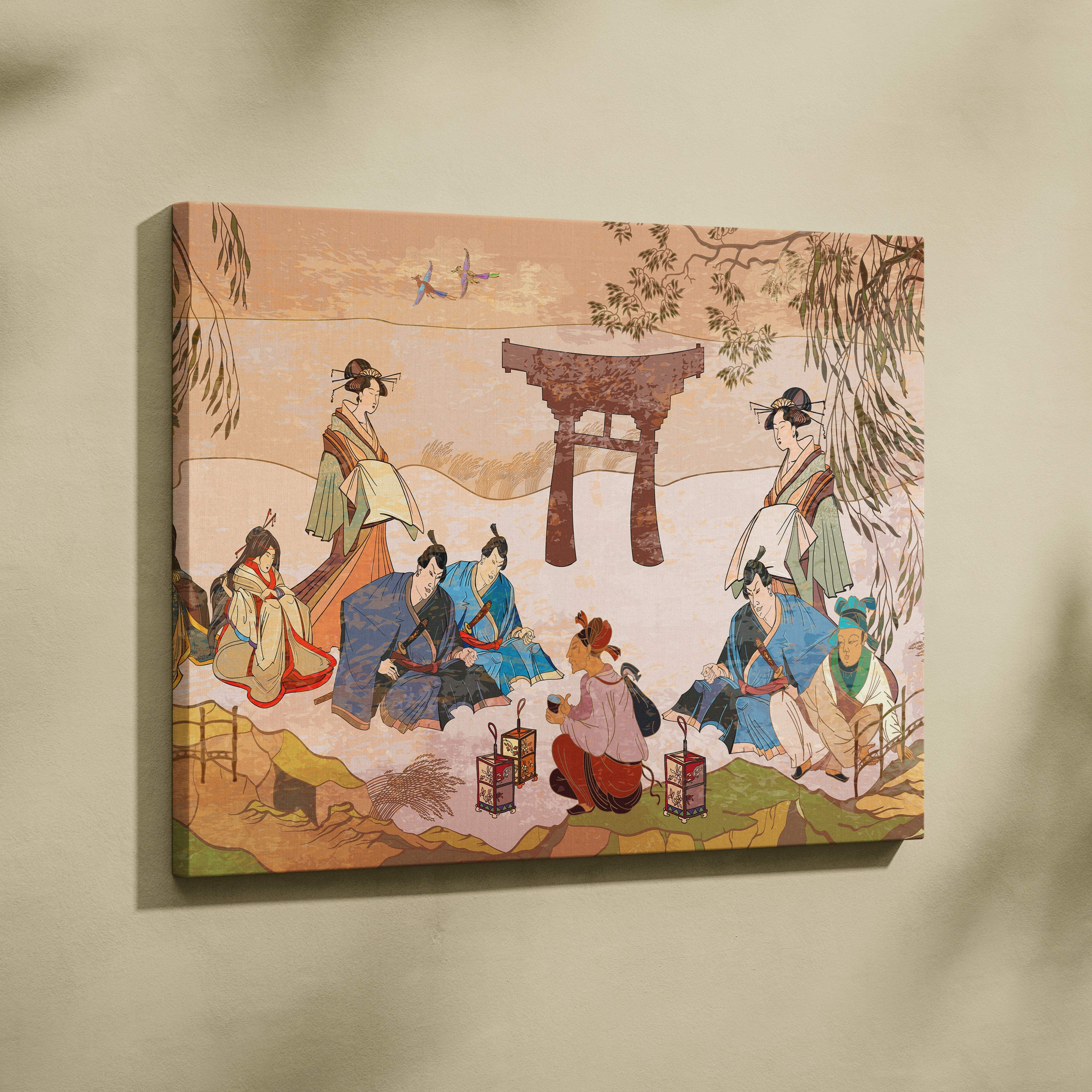 Vintage japanese gathering canvas wall art depicting figures in colorful kimonos under a willow tree framed by a torii gate
