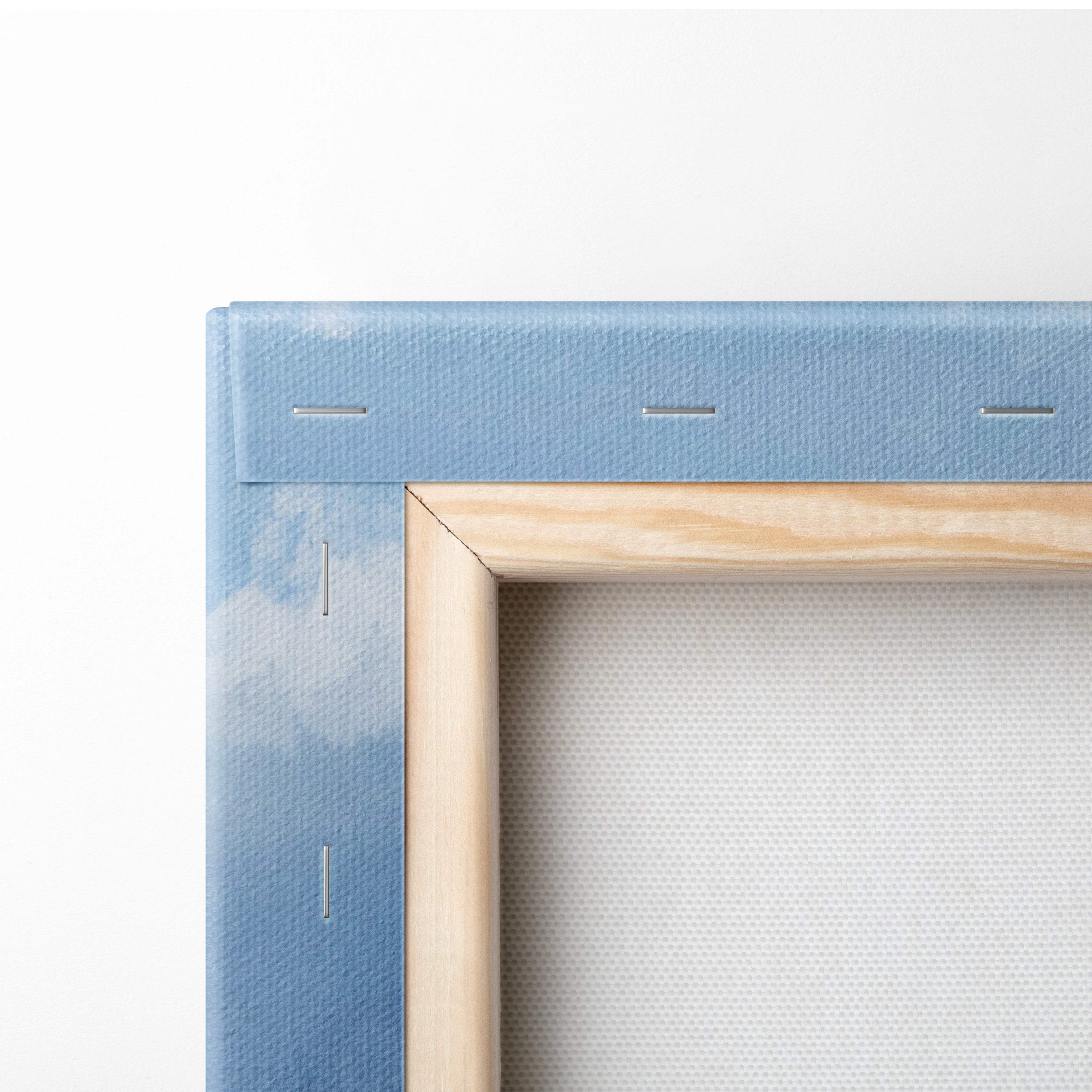 Light blue canvas stretched over natural wood frame with stitching for epic frozen kingdom fantasy wall art