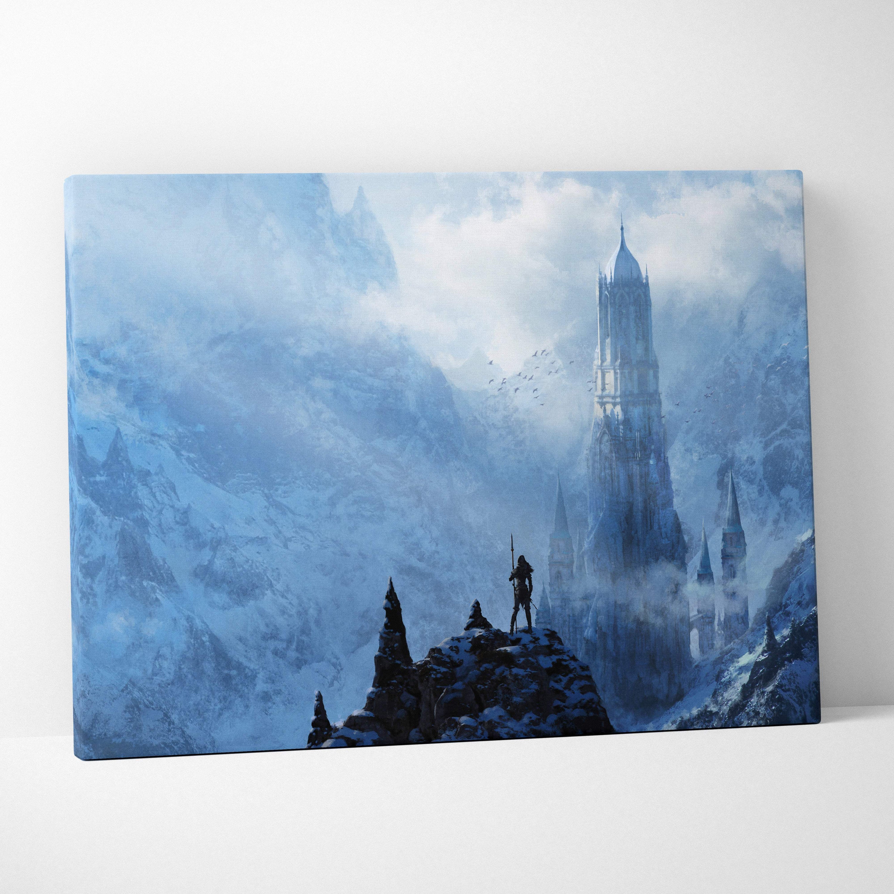 Blue-toned canvas wall art depicting a lone warrior on a snowy peak overlooking misty gothic castle spires