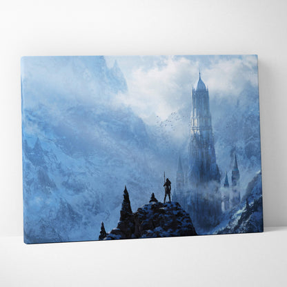 Blue-toned canvas wall art depicting a lone warrior on a snowy peak overlooking misty gothic castle spires