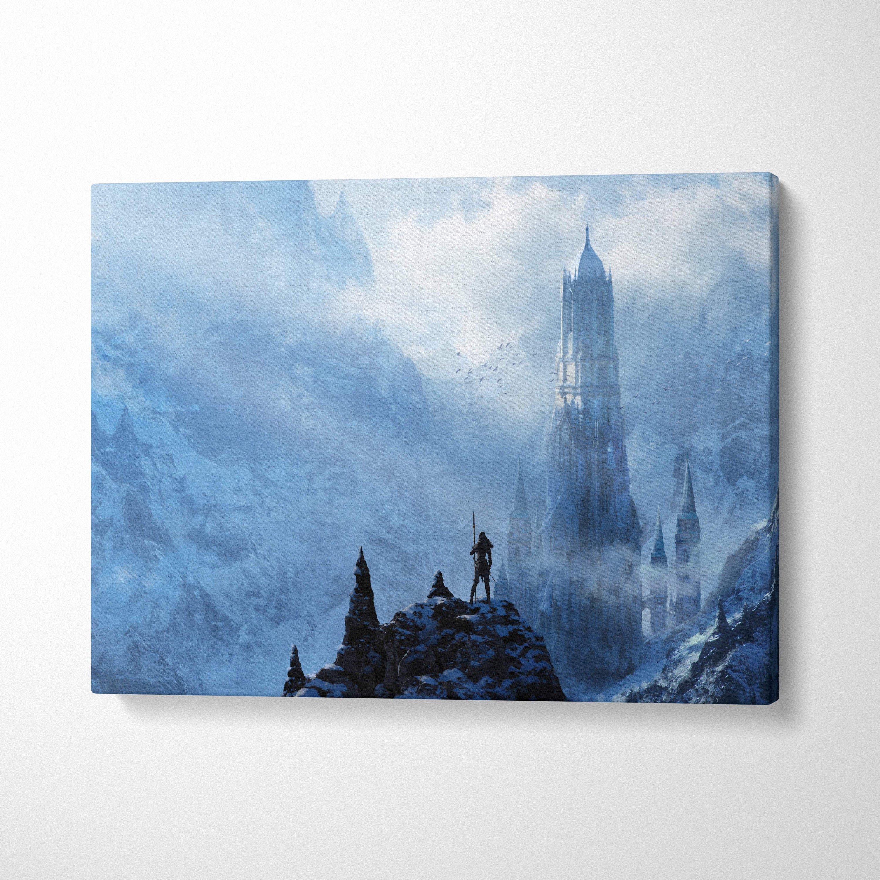Blue-toned canvas print featuring a lone warrior on a snowy peak overlooking a misty gothic castle in a fantasy landscape