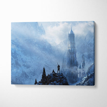 Blue-toned canvas print featuring a lone warrior on a snowy peak overlooking a misty gothic castle in a fantasy landscape