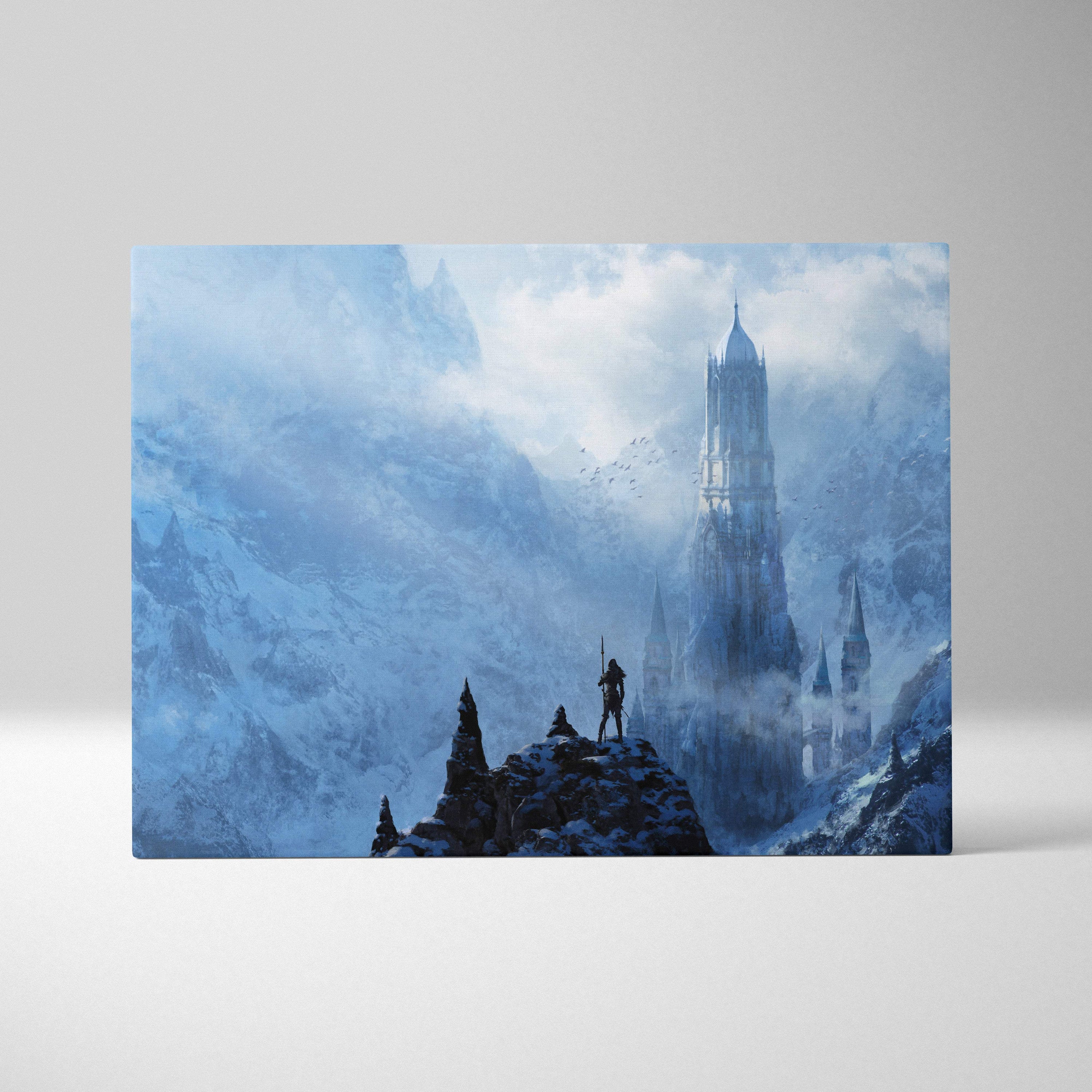 Rectangular canvas wall art featuring a lone figure on snowy rocks overlooking an icy tower in misty blue mountains