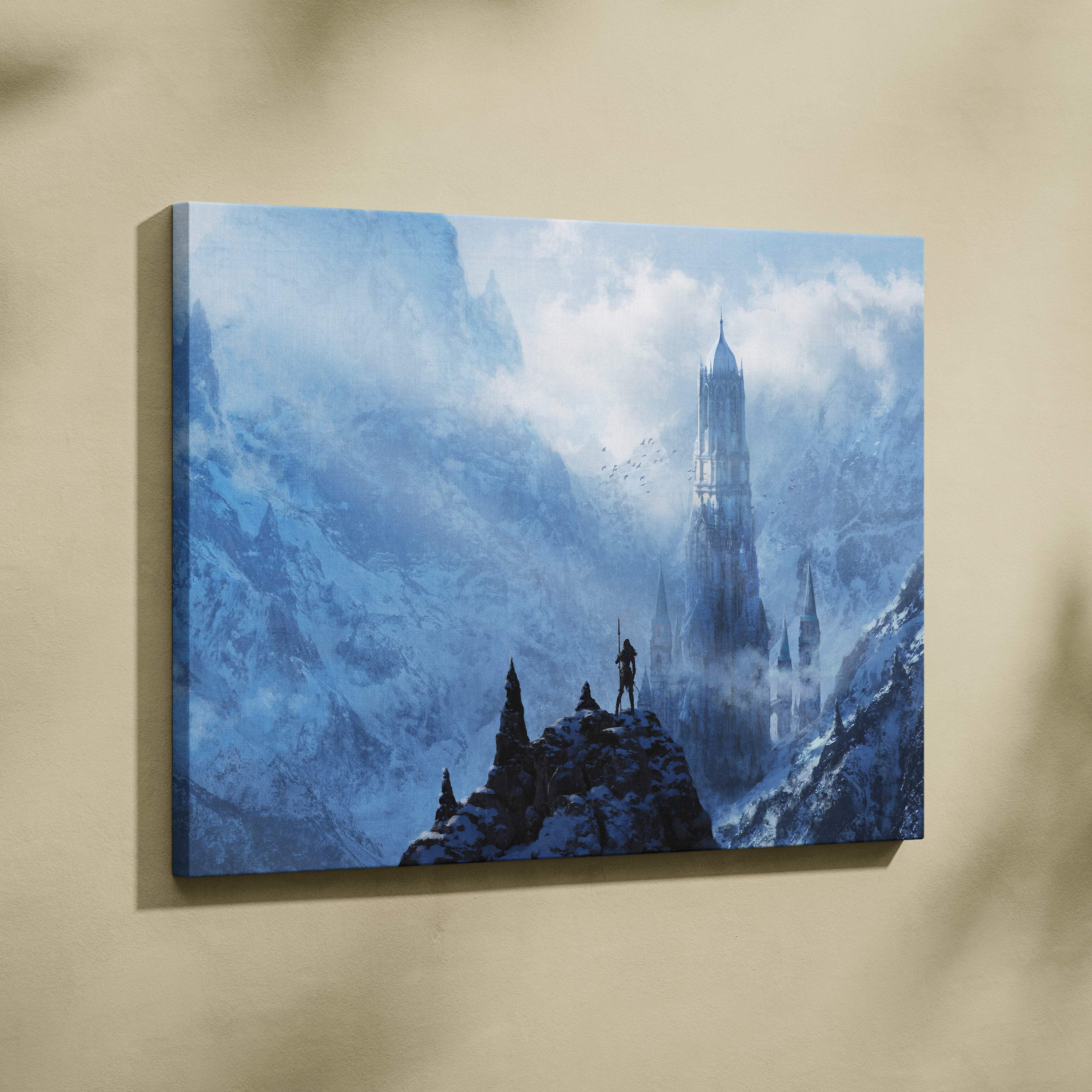 Blue canvas print showing a lone figure on a rocky outcrop overlooking snow-capped mountains and a distant misty castle