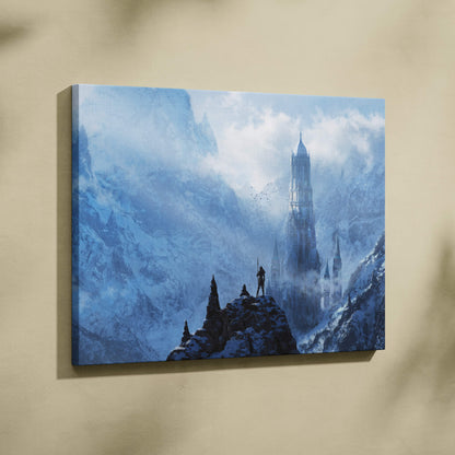 Blue canvas print showing a lone figure on a rocky outcrop overlooking snow-capped mountains and a distant misty castle