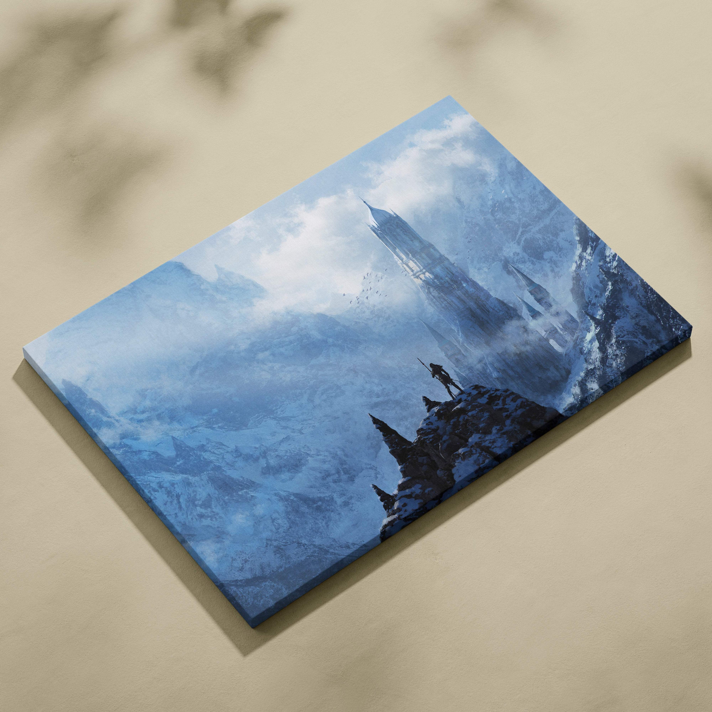 Epic frozen kingdom canvas wall art featuring a lone warrior on blue snowy mountains with gothic castle spires