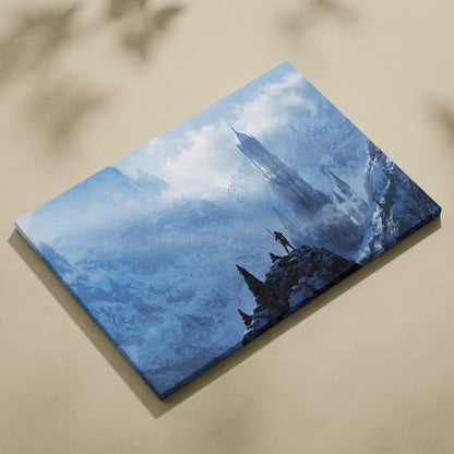 Epic frozen kingdom canvas wall art featuring a lone warrior on blue snowy mountains with gothic castle spires