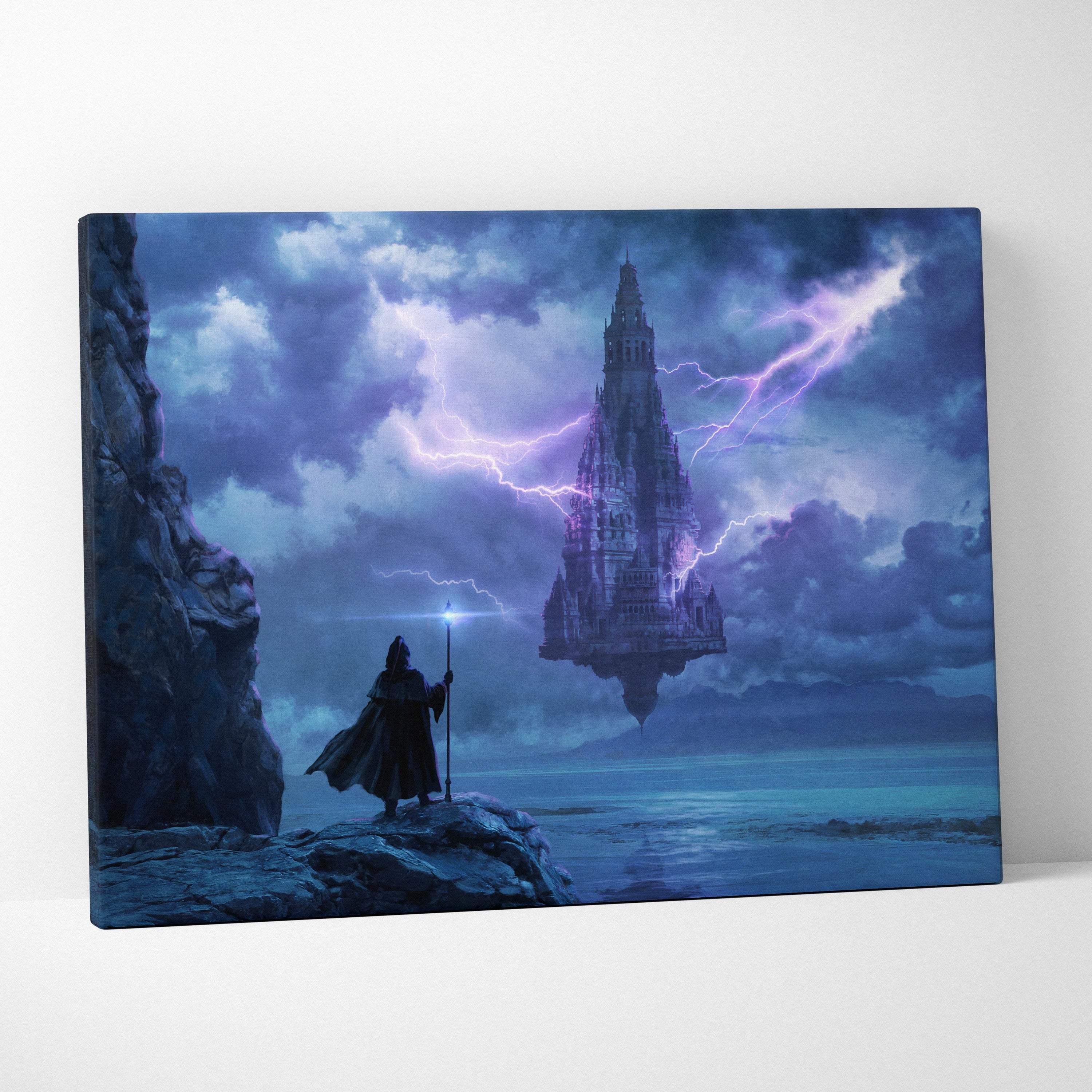 A canvas print showing a dark robed figure on rocky terrain gazing at a floating castle with purple lightning