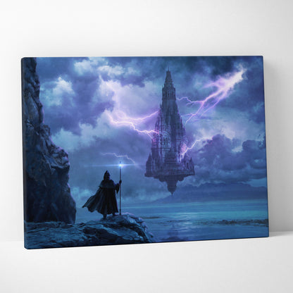A canvas print showing a dark robed figure on rocky terrain gazing at a floating castle with purple lightning