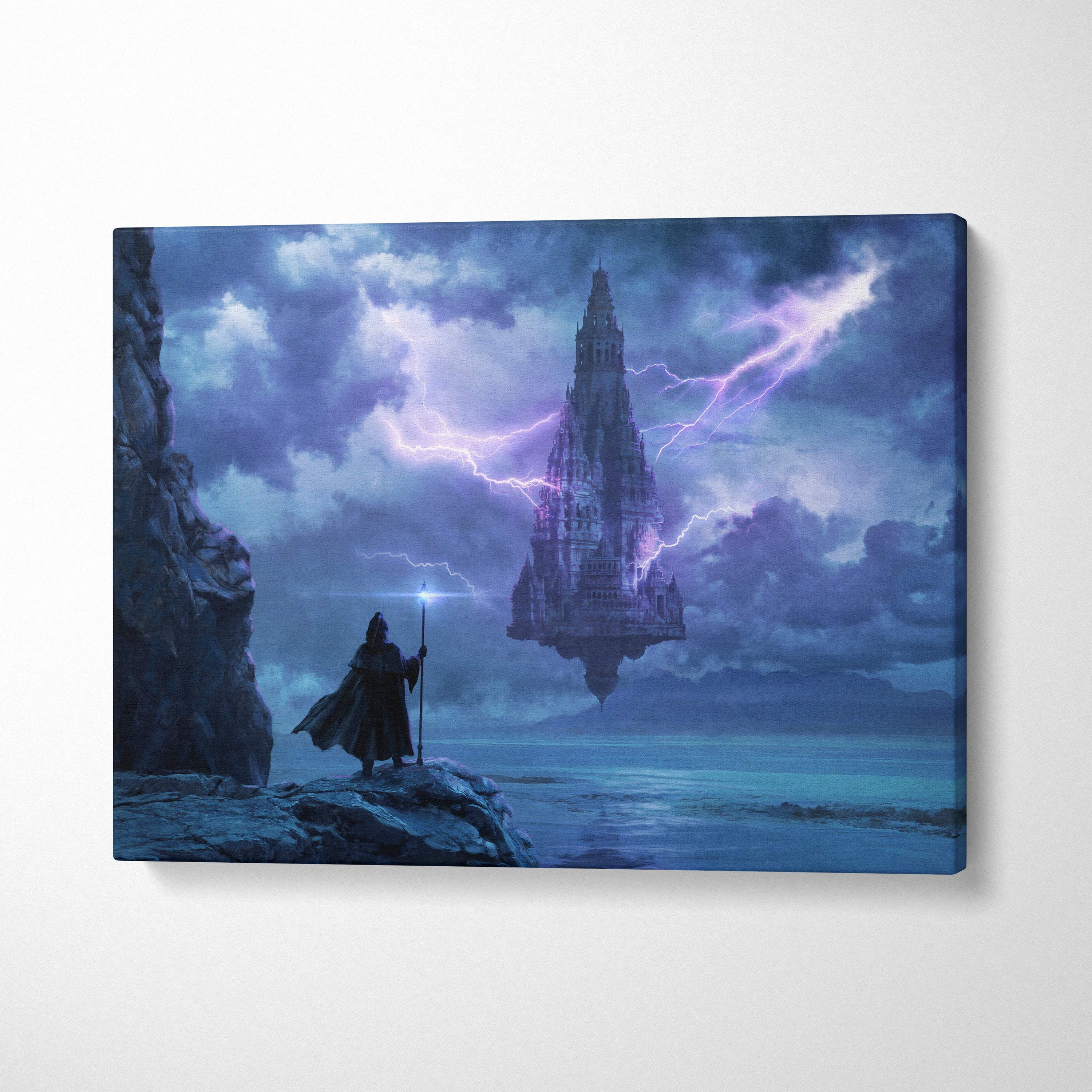 Fantasy-themed canvas print showing a dark blue floating castle with purple lightning and a wizard on rocky terrain
