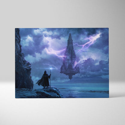 A dark blue rectangular canvas print showing a robed figure on rocky terrain facing a floating castle with purple lightning