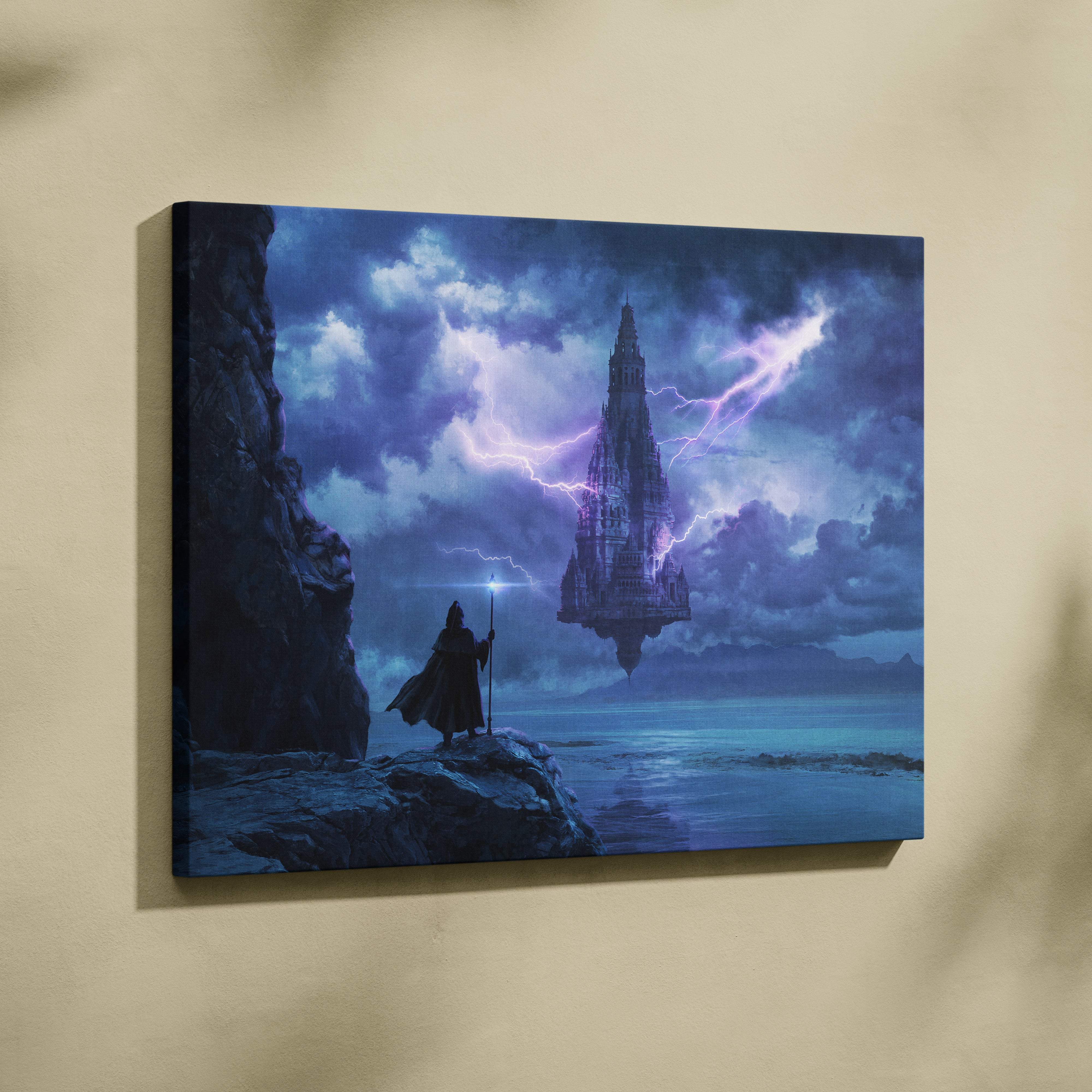 Canvas print of a dark blue fantasy landscape with a silhouette wizard holding a glowing staff before a lightning struck spire
