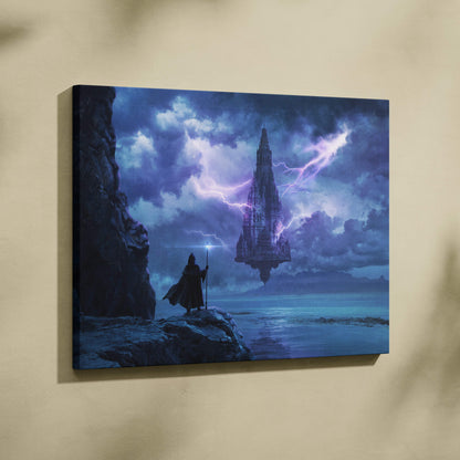 Canvas print of a dark blue fantasy landscape with a silhouette wizard holding a glowing staff before a lightning struck spire