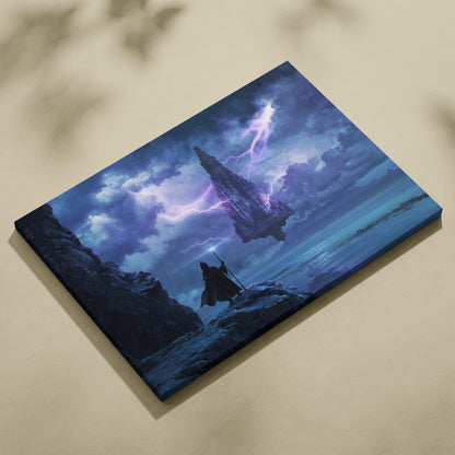 Rectangular canvas print of a dark blue fantasy landscape with a wizard silhouette and floating castle struck by purple lightning