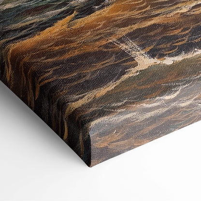 Textured canvas print of historic naval battle with swirling browns blacks and earthy tones dramatic tall ships