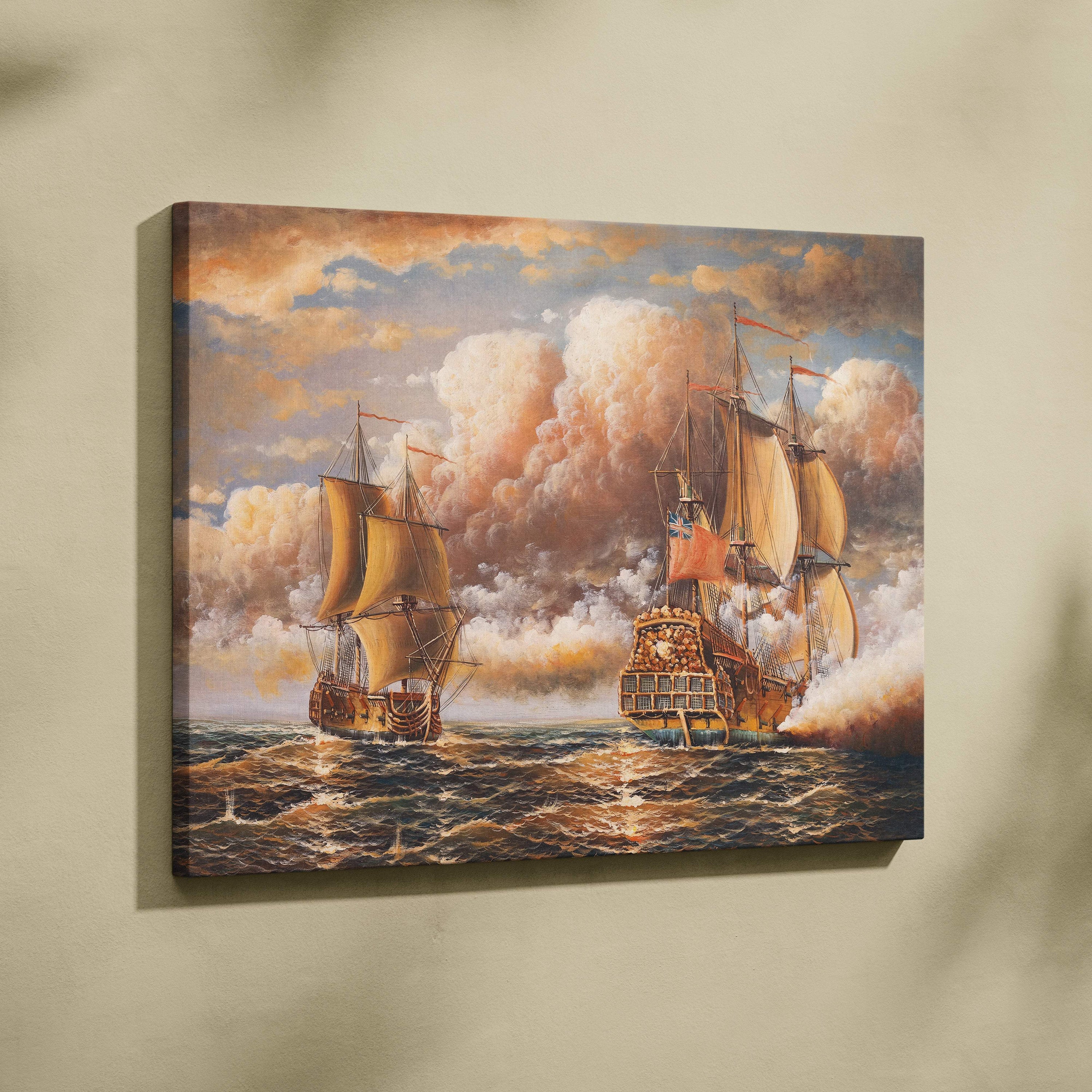 Canvas print of historic naval battle with two tall sailing ships firing cannons under dramatic cloudy sky
