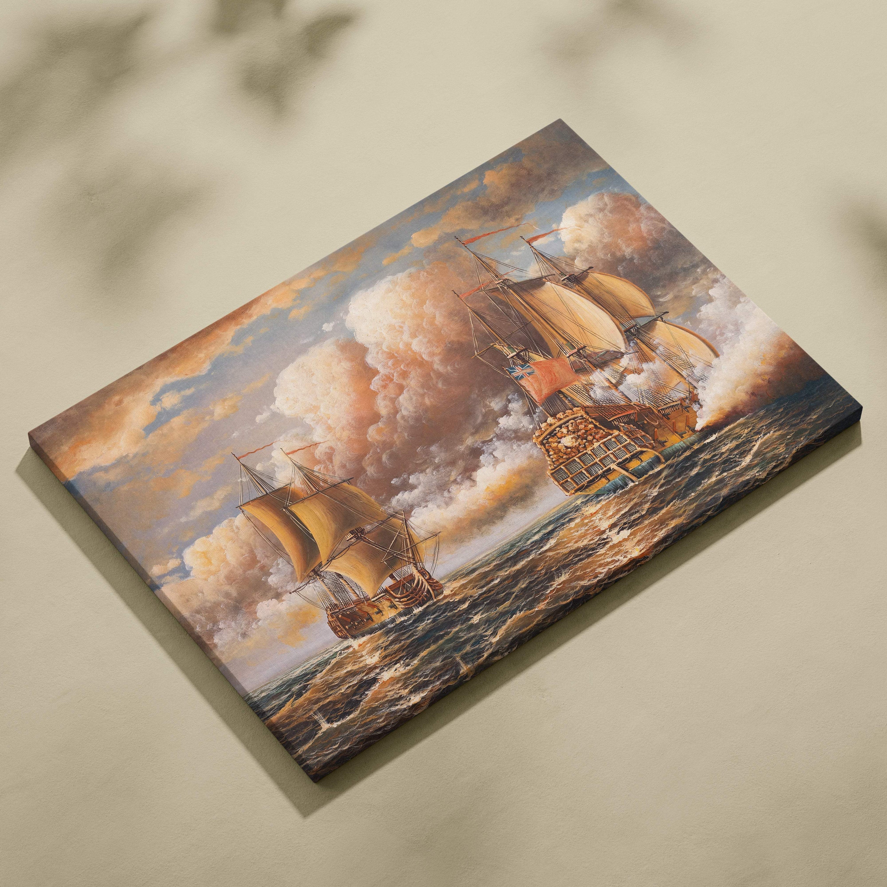 Rectangular canvas print of two historic tall ships battling in stormy seas with dramatic cloudy skies and cannon fire