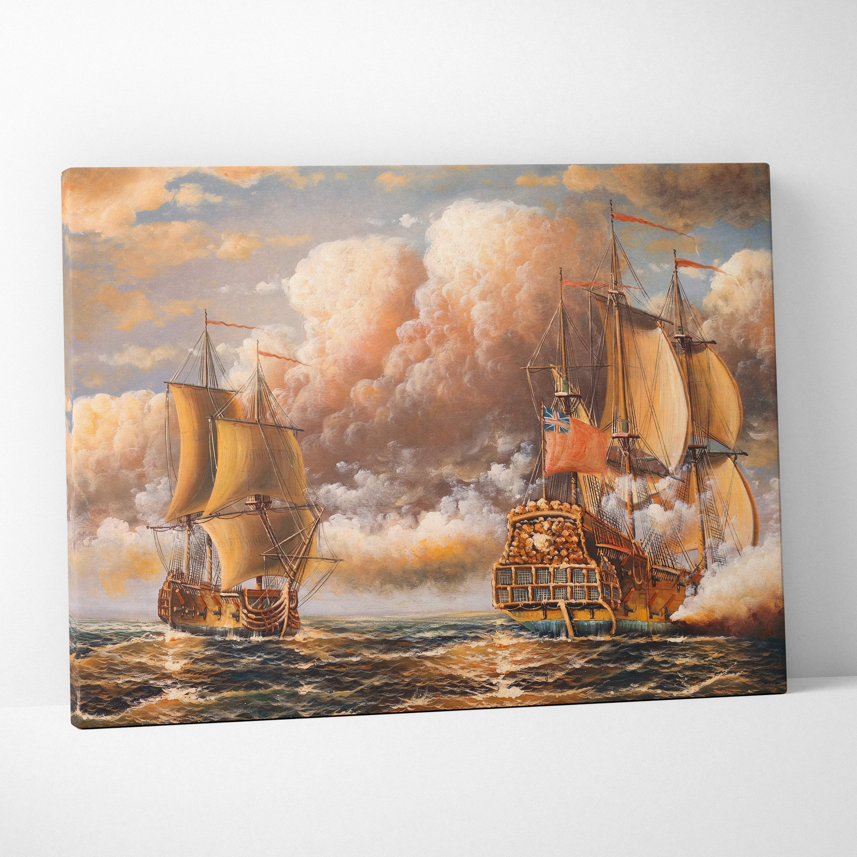 Canvas print of historic naval battle featuring two tall ships with billowing sails under a dramatic cloudy sky