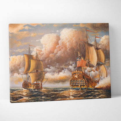 Canvas print of historic naval battle featuring two tall ships with billowing sails under a dramatic cloudy sky