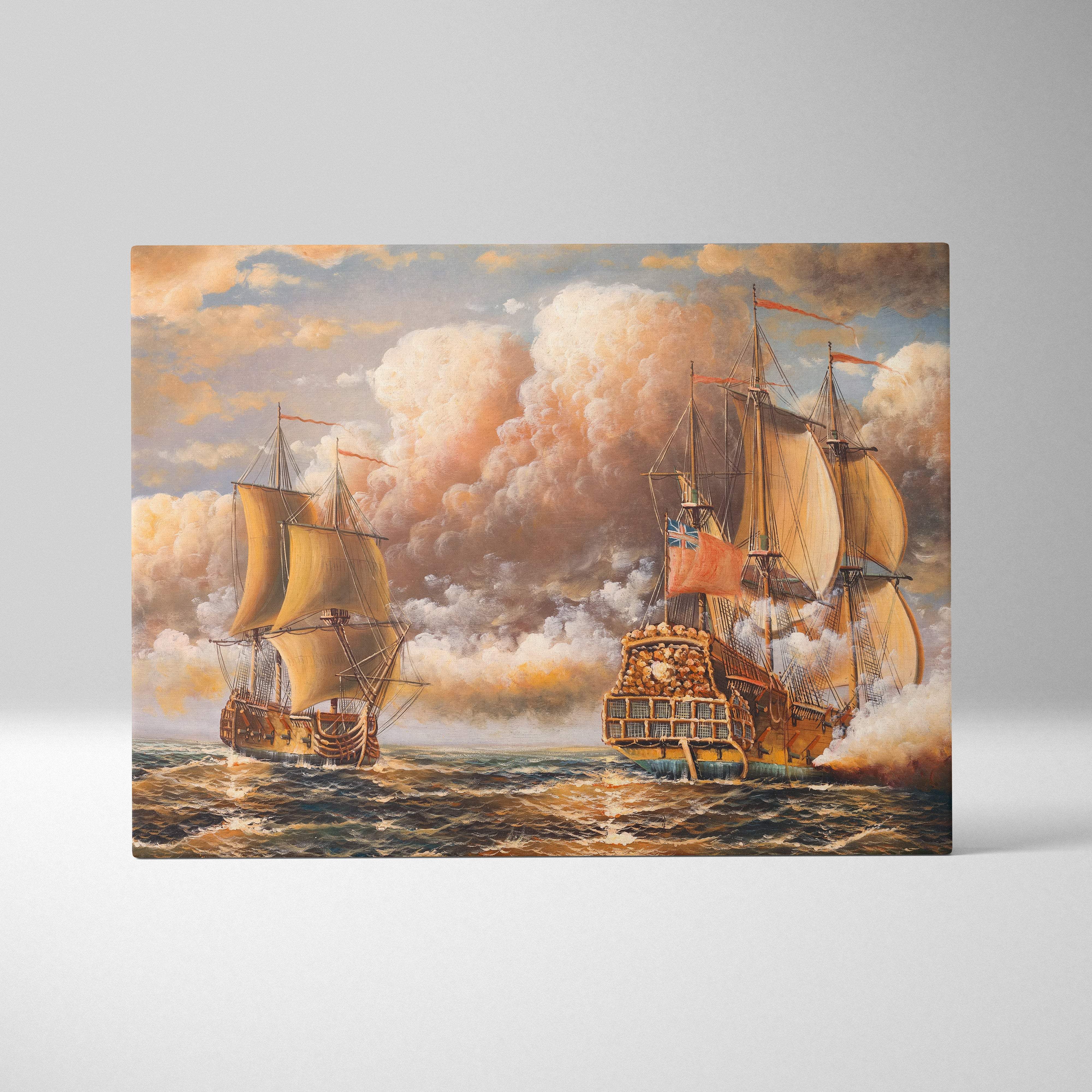 Detailed canvas print of historic naval battle featuring two tall sailing ships with billowing sails and dramatic clouds