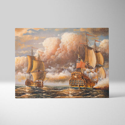 Detailed canvas print of historic naval battle featuring two tall sailing ships with billowing sails and dramatic clouds