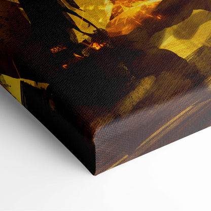Abstract canvas painting with bold golden yellow and deep black strokes in dark golden ritual gothic fantasy wall art design