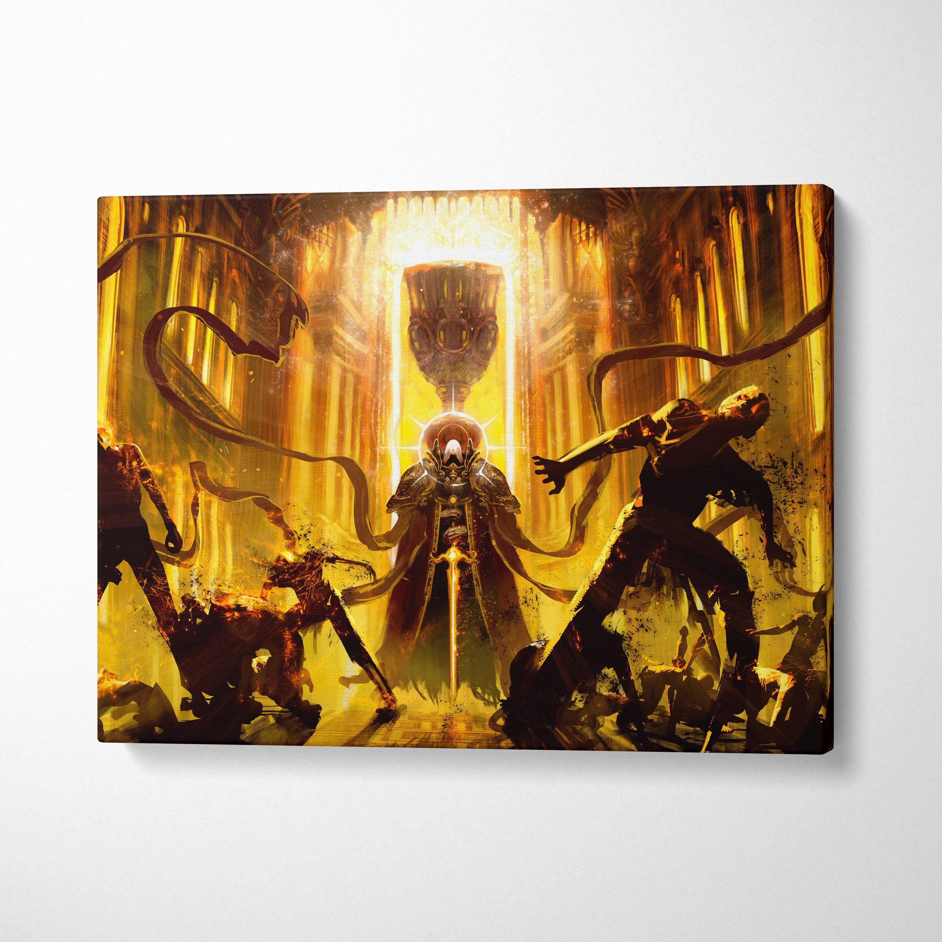 Dark golden ritual canvas wall art featuring a golden armored figure surrounded by dark creatures in gothic fantasy style