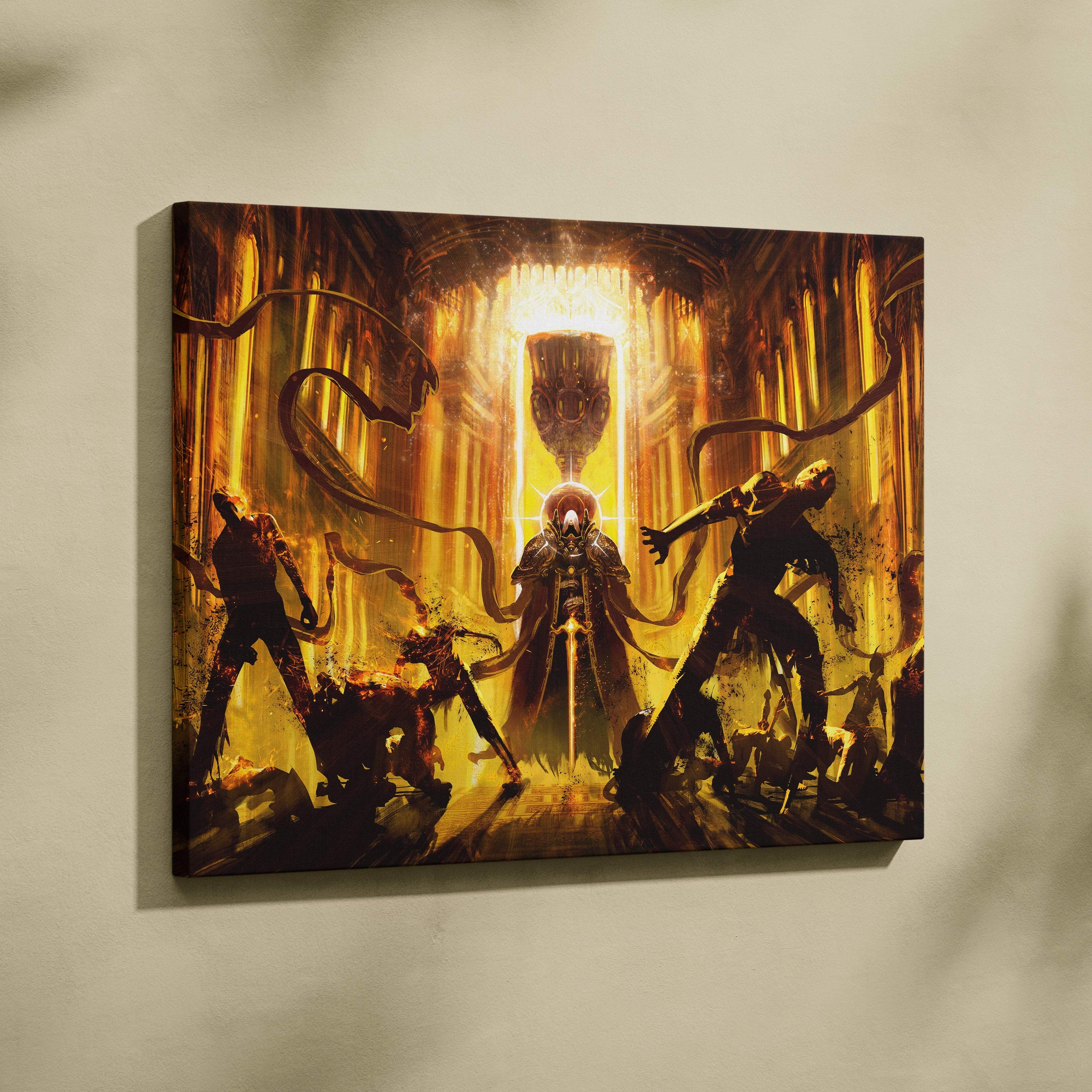 Dark golden ritual canvas wall art of armored figure before glowing ornate doorway with black and gold gothic fantasy design