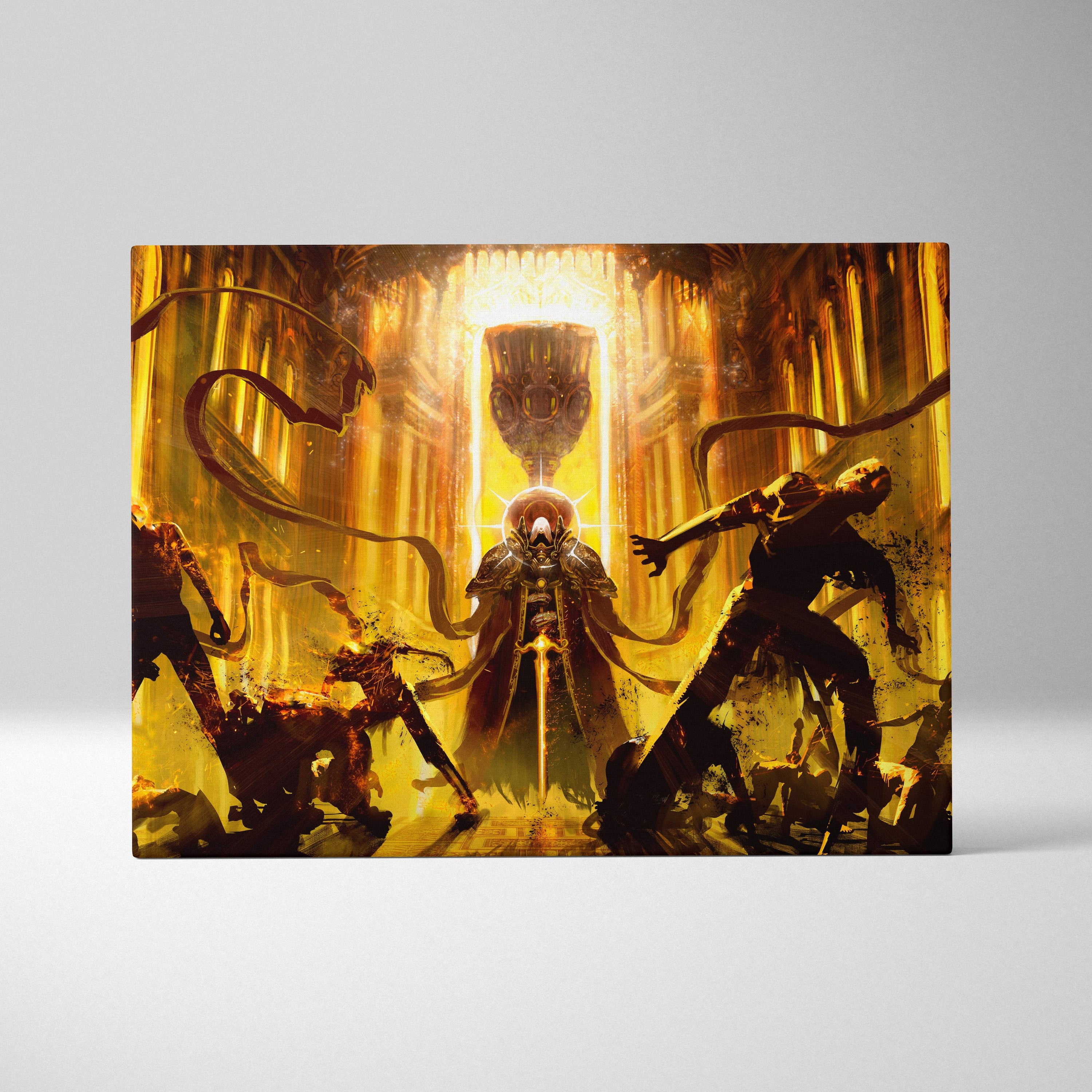 Dark golden ritual canvas wall art featuring a central armored figure with demonic creatures in a gothic cathedral setting