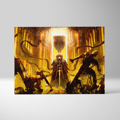 Dark golden ritual canvas wall art featuring a central armored figure with demonic creatures in a gothic cathedral setting