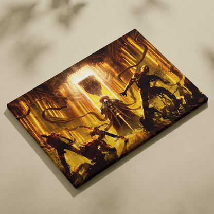 Dark golden ritual canvas wall art featuring a golden-hued gothic fantasy battle scene with demonic priests and possessed figures