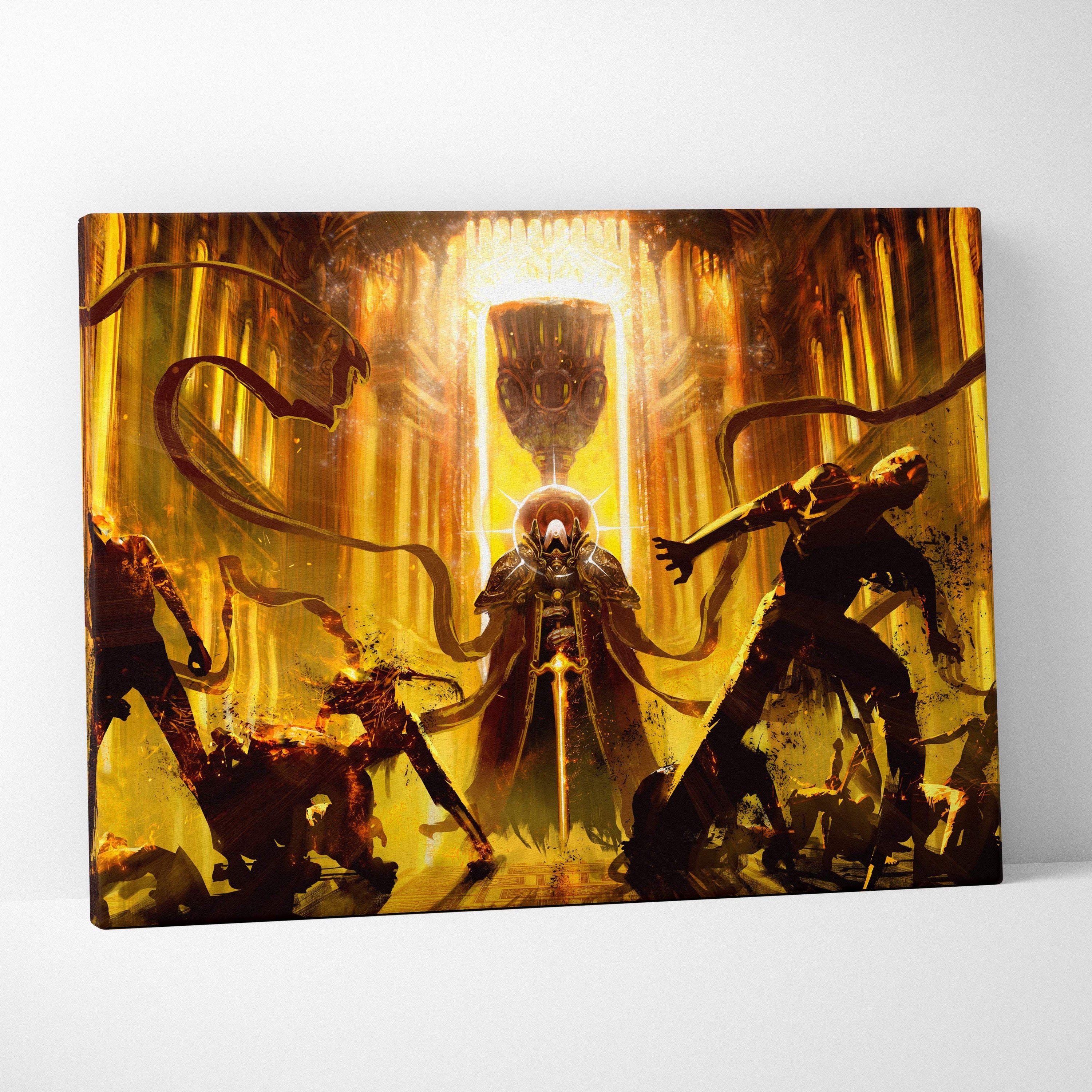 Dark golden ritual canvas wall art featuring a golden armored figure before a glowing chalice in gothic fantasy style